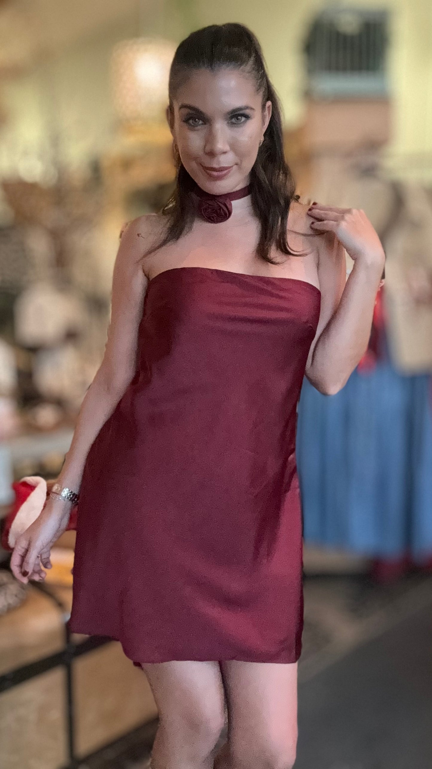 Lucia Strapless Burgundy Mini Dress With Rose Necklace