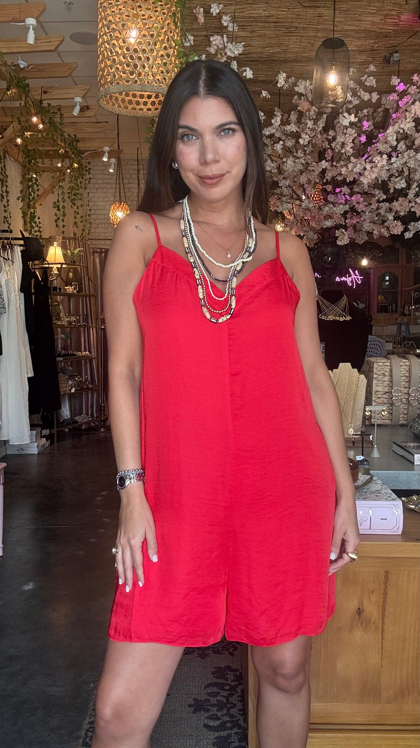 Sabrina Satin Romper- Poppy