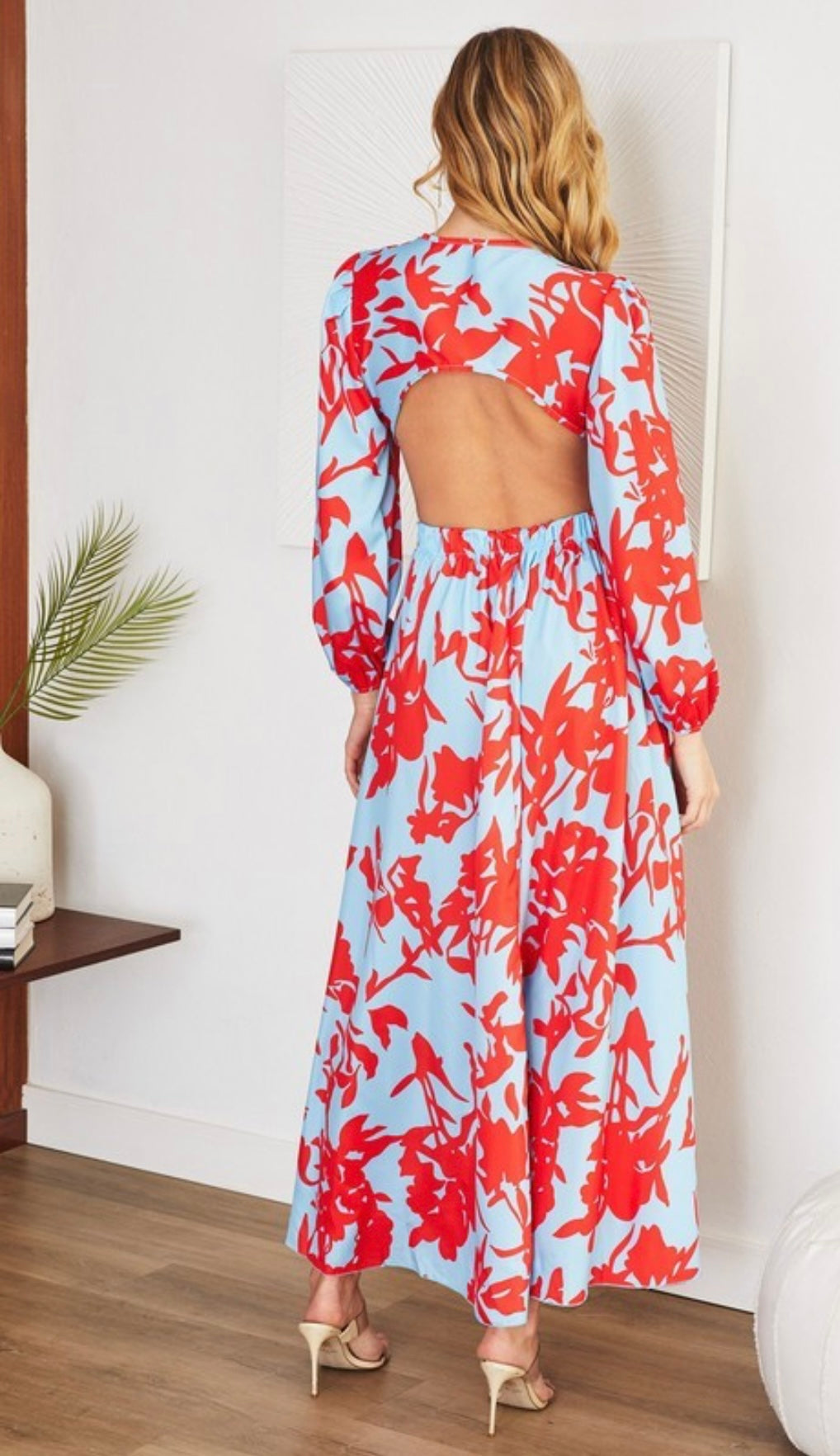 Sabrina Cut Out Maxi Dress- Tropical Sky Blue & Red Print