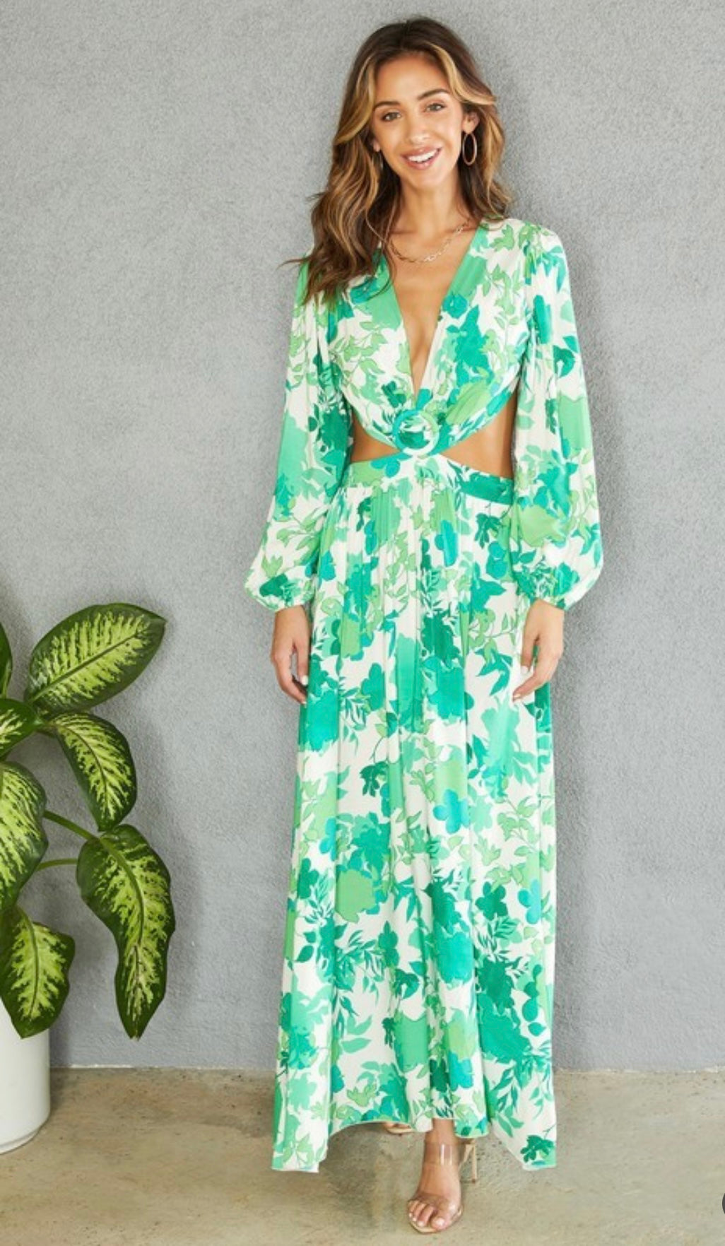 Sabrina Cut Out Maxi Dress- Tropical Green Print