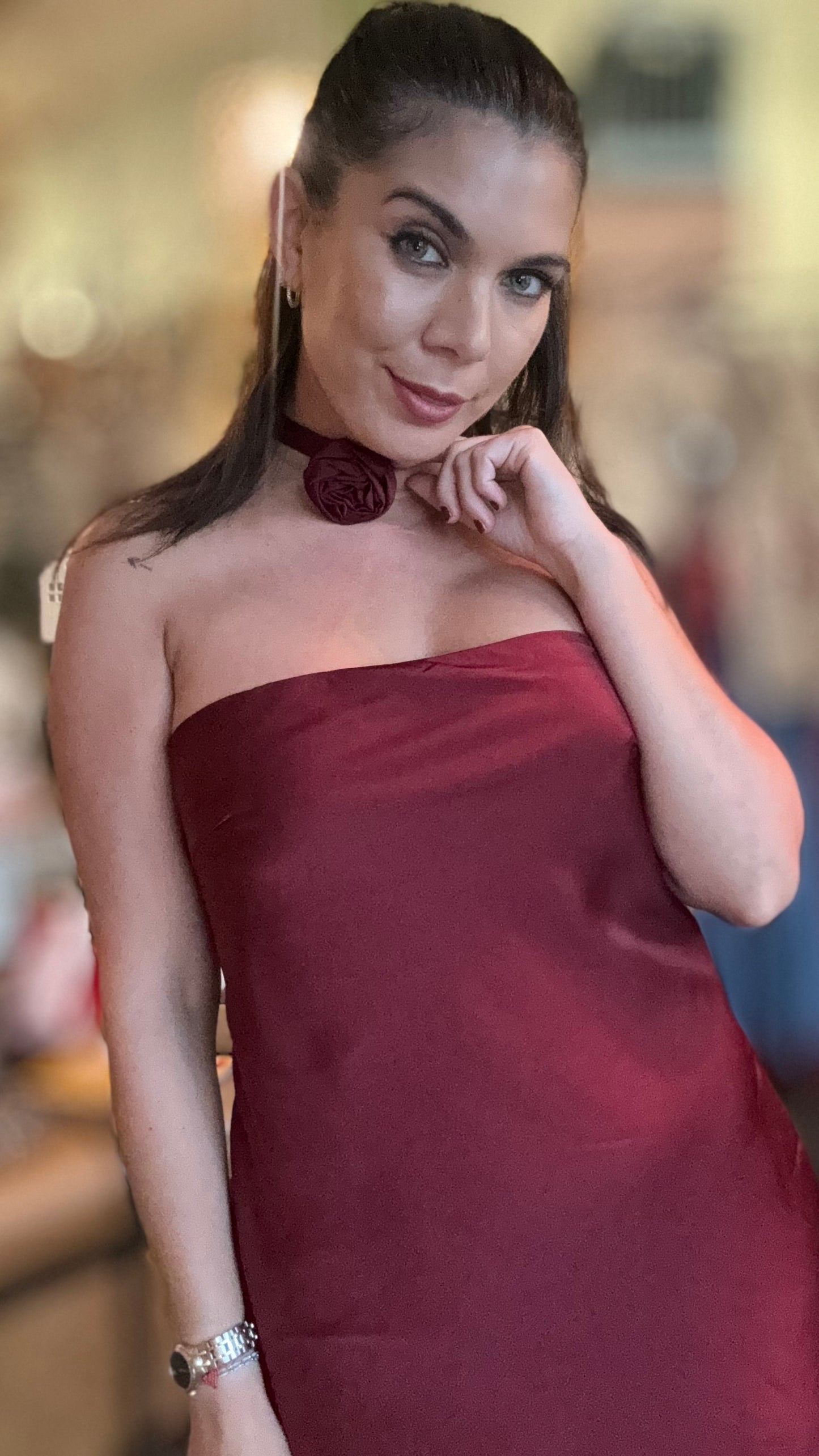 Lucia Strapless Burgundy Mini Dress With Rose Necklace