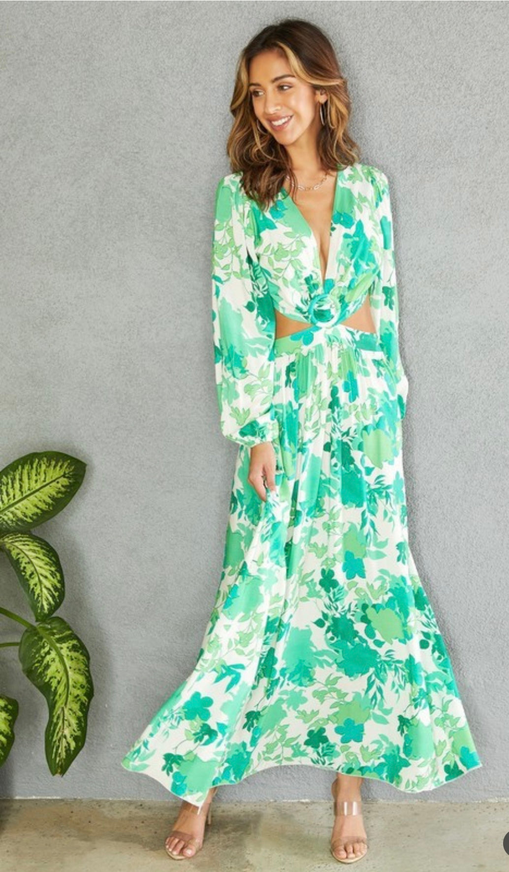 Sabrina Cut Out Maxi Dress- Tropical Green Print