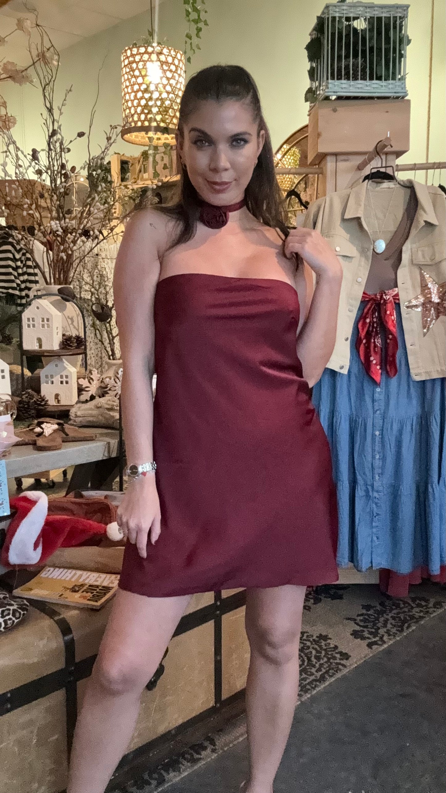 Lucia Strapless Burgundy Mini Dress With Rose Necklace
