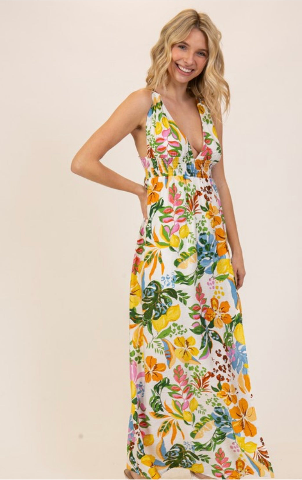 Gardenia Print Halter Maxi Dress