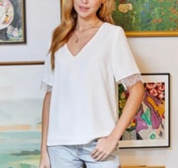 Villa V Neck Top Lace Detail- White