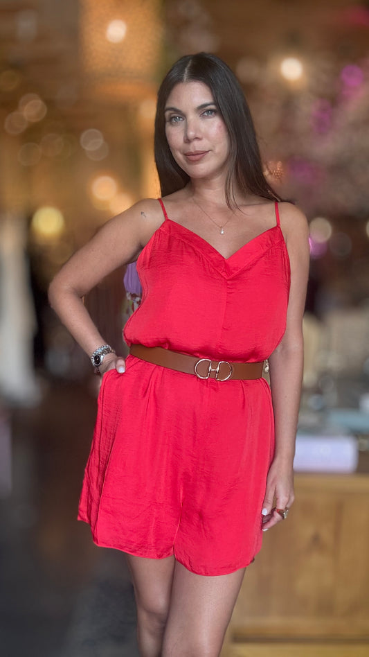 Sabrina Satin Romper- Poppy