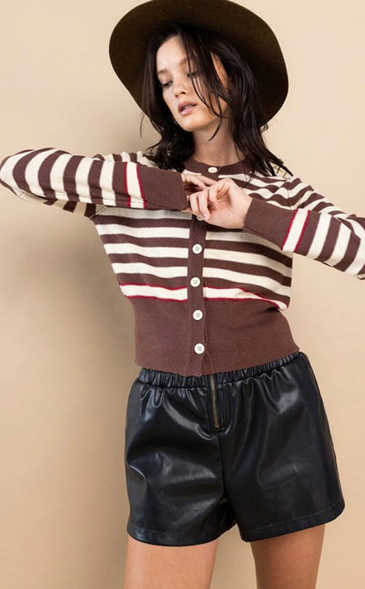 Mila Stripes Cardigan- Brown/Burgundy