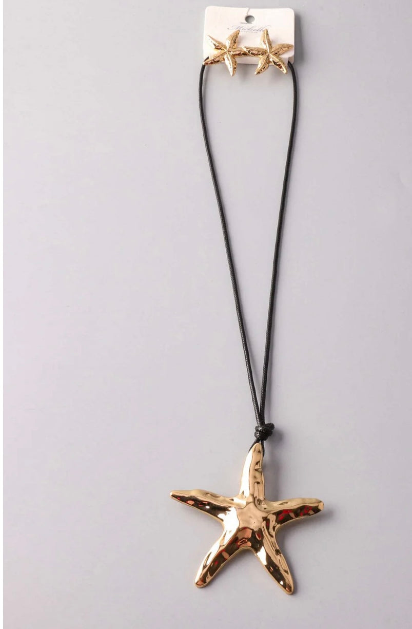 Starfish Long Necklace Black Leather String