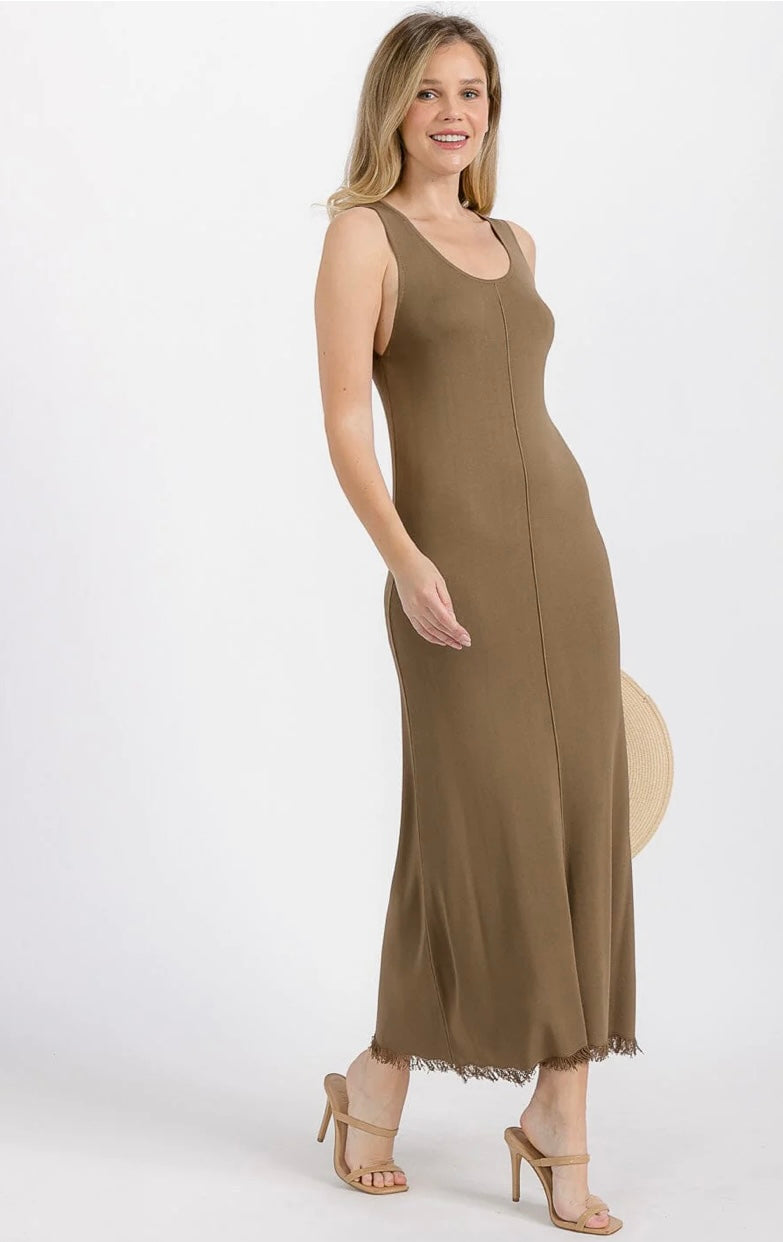 Clara Maxi Dress Fringes Trim - Olive
