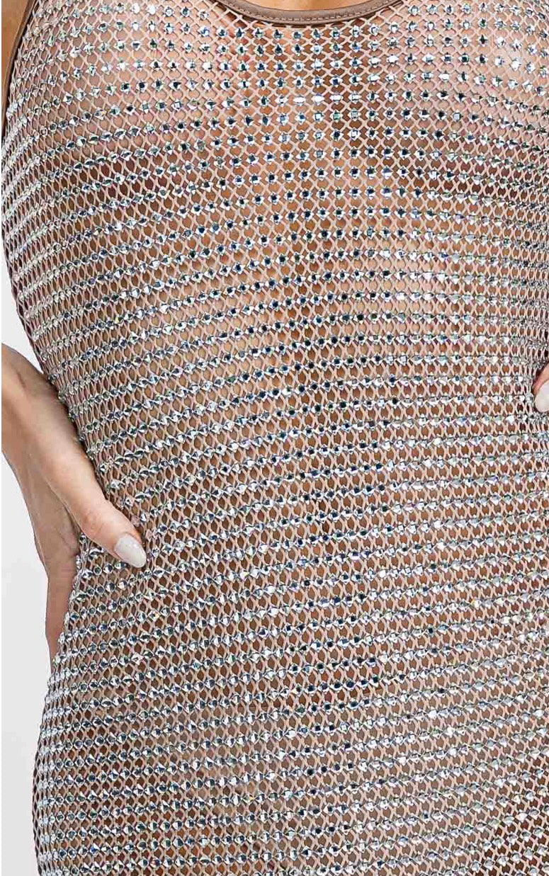 Gala Swarovski Stones See Thru Mini Dress Cover Up