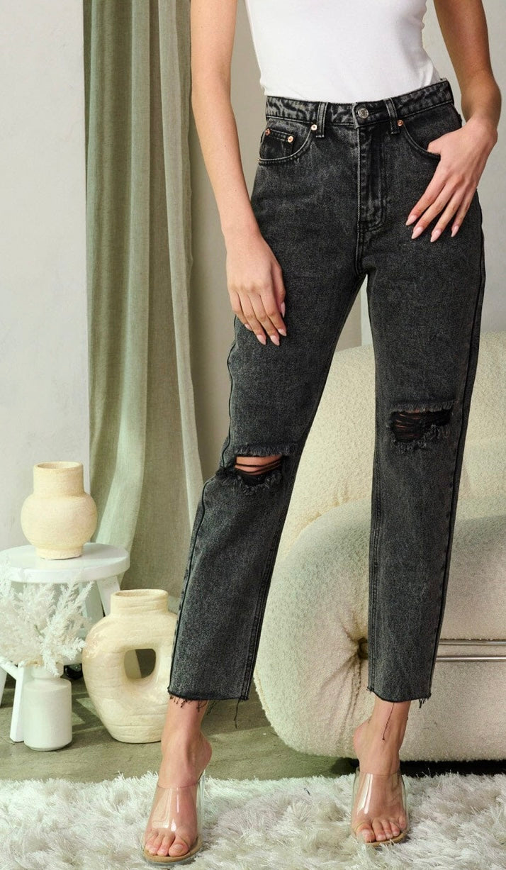 Cinza High Waisted Ripped Charcoal Gray Washed Jeans