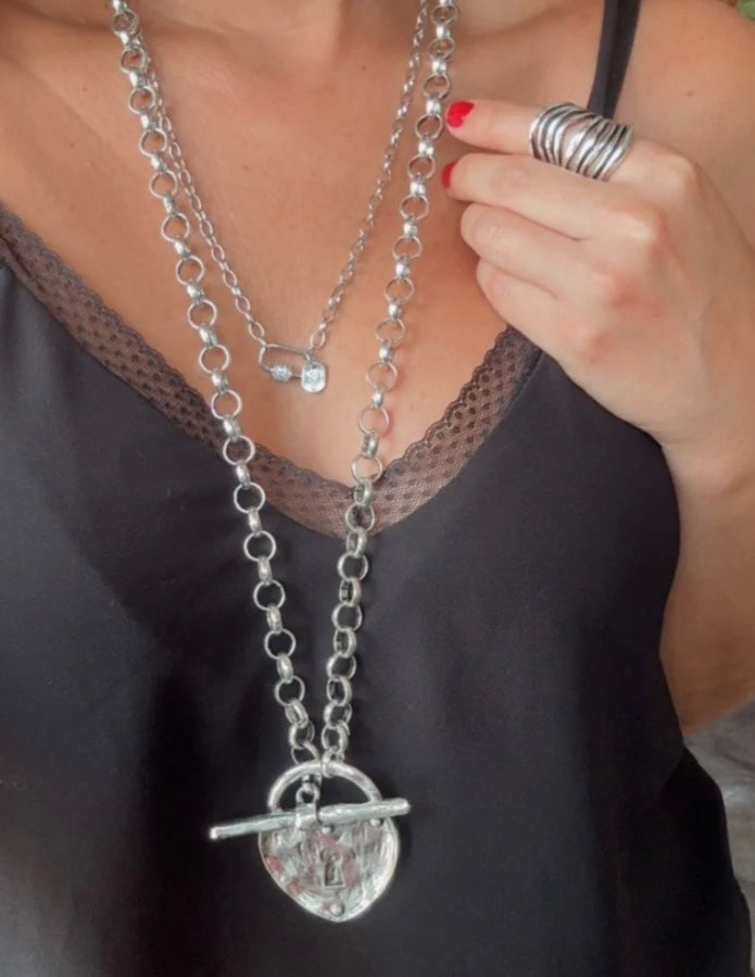 Silver Long Heart Lock Necklace