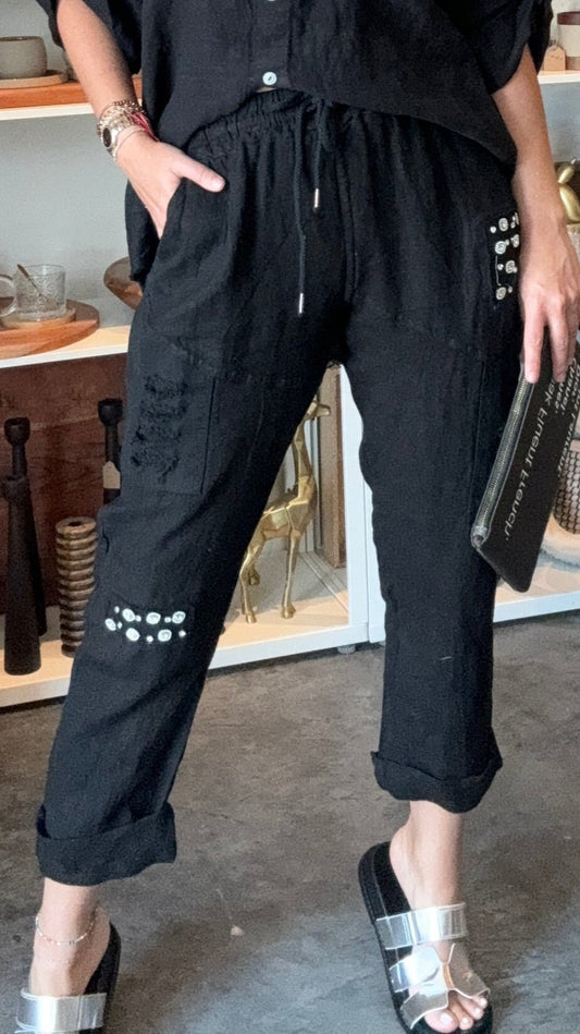 Stefania Swarovski Details Black Linen Trouser Pants