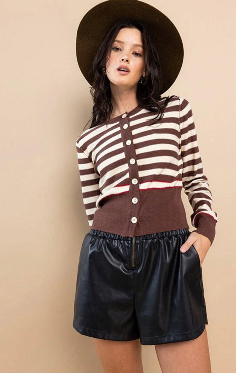 Mila Stripes Cardigan- Brown/Burgundy