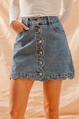 Pri Scallop Buttoned Denim Skirt