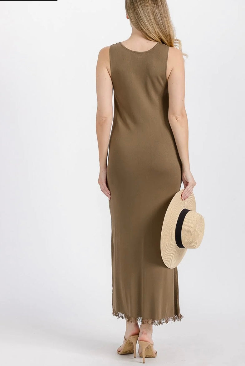 Clara Maxi Dress Fringes Trim - Olive