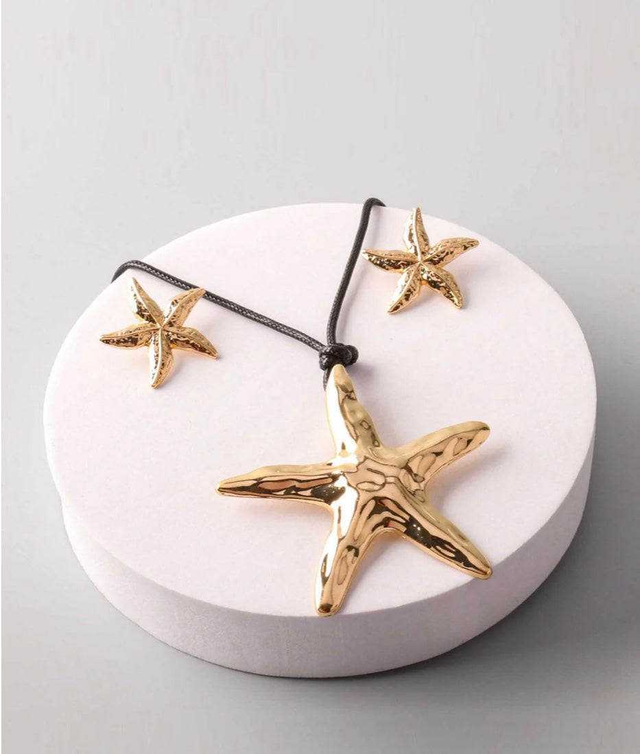 Starfish Long Necklace Black Leather String