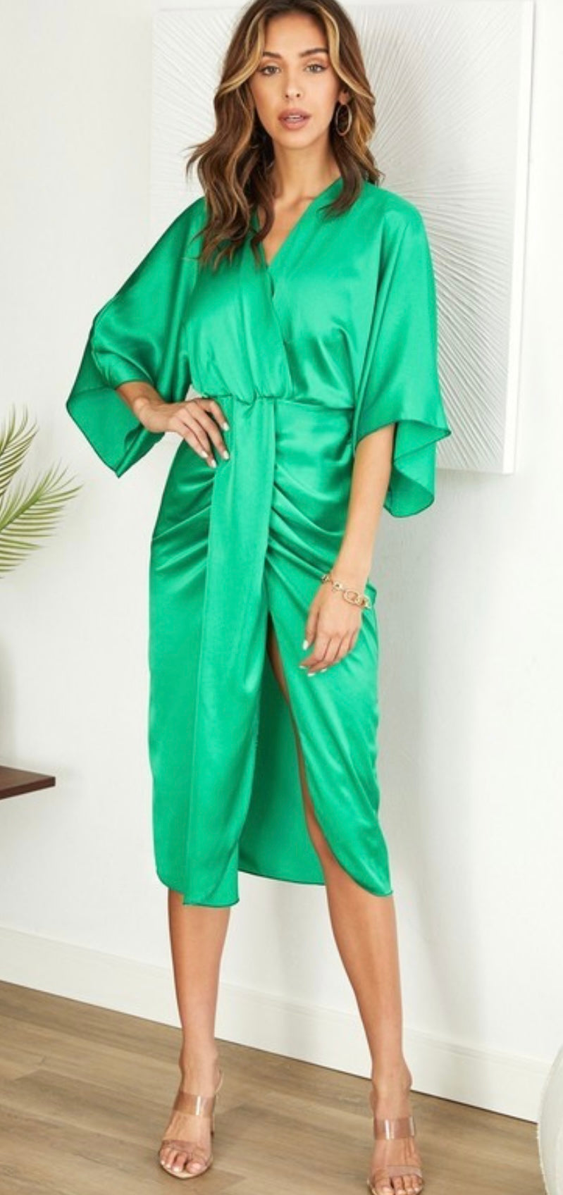 Emerald Kimono Sleeves Silk Dress